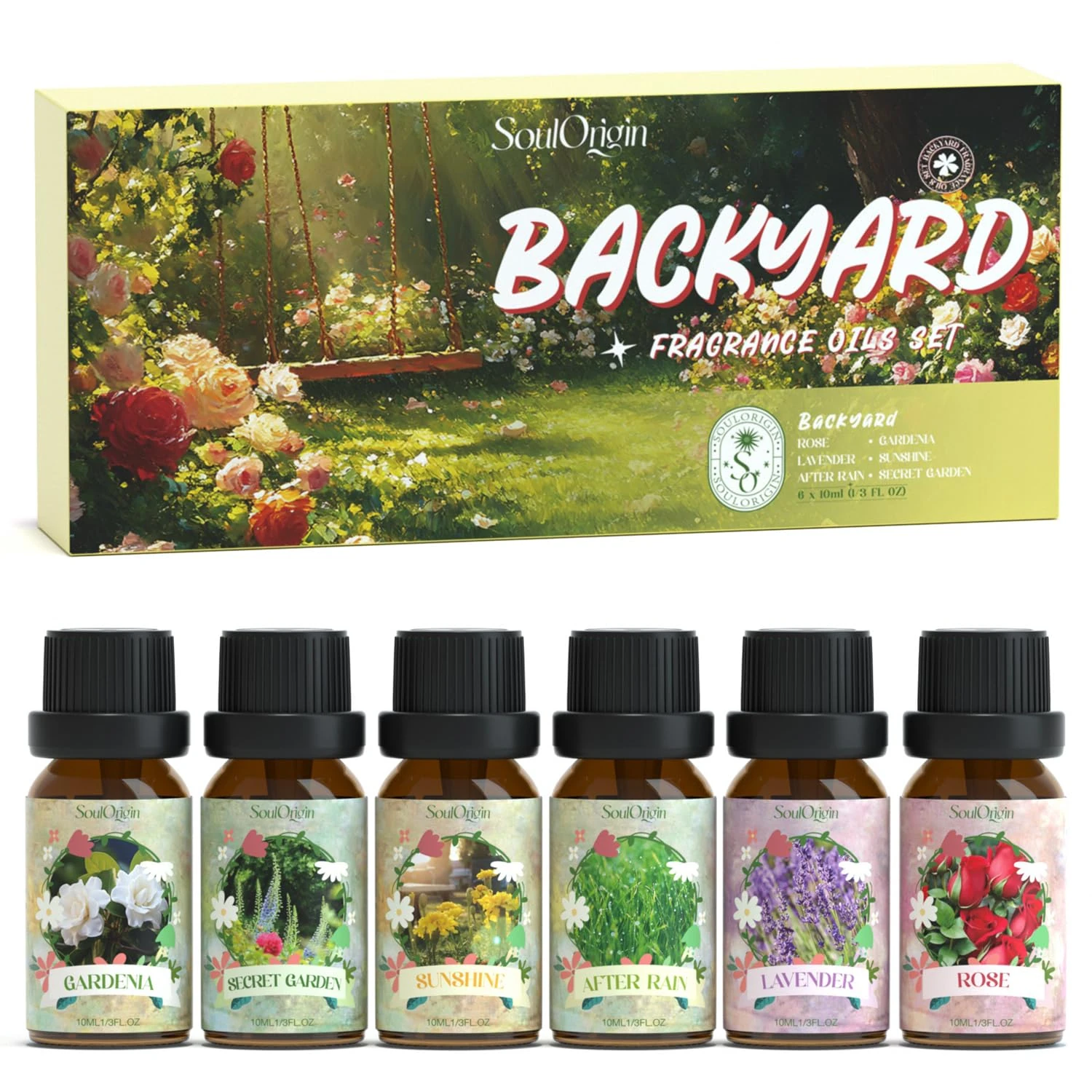 SoulOrigin Backyard Essential Oils Set, Fragrance Oil Set for Oil Diffusers, Scented Oils for Soap Candle Making 6x10ml - Gardenia, Rose, Lavender, Secret Garden, After Rain, and Sunshine