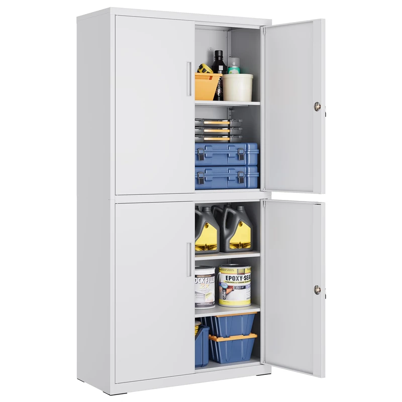 SONGMICS Metal Garage Storage Cabinet, Multipurpose Office File Cabinet with 4 Doors and 5 Shelves, 40 x 80 x 180 cm, Lockable, with 2 Locks, Adjustable Shelves, Matte Grey OMC016G01