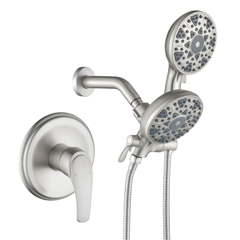 Shower Faucets Set Complete Shower Kit Double Shower Head and Handheld 2 in 1 Combo Set Shower System Trim Kit Combo Set Shower Fixtures, Brushed Nickel