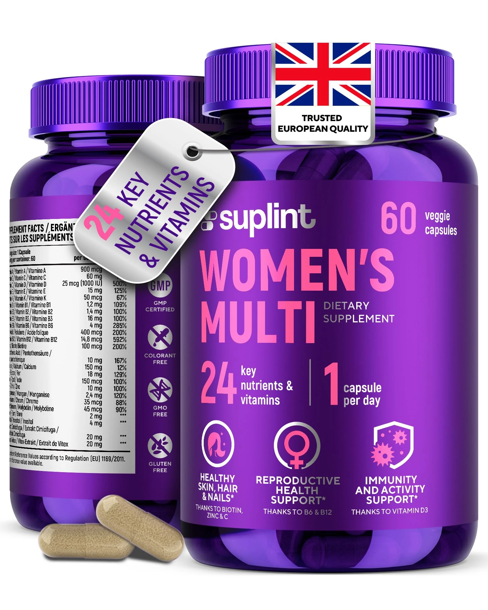 High-Potency Multivitamin Capsules for Women - Multivitamins A-Z Complex with Vitamin B6, Iron, Zinc & Vitex - 60 Vegan Capsules - All-in-One Premium Multivitamin (1 Pack)
