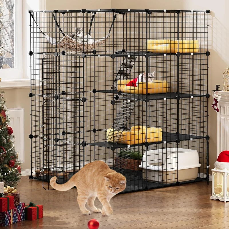 YITAHOME 4-Tier Large Cat Enclosure with Hammock, Detachable Metal Wire Crate/Kennels, Suitable for 1-4 Cats, Can Be Used Indoors/Outdoors, DIY Pet Crate Playpen, 105 x 105 x 140 cm
