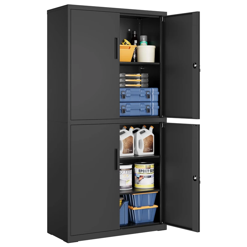 SONGMICS Metal Garage Storage Cabinet, Multipurpose Office File Cabinet with 4 Doors and 5 Shelves, 40 x 80 x 180 cm, Lockable, with 2 Locks, Adjustable Shelves, Matte Black OMC016B01