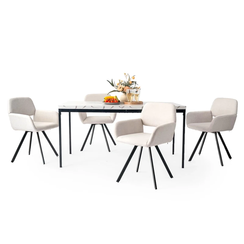 FurnitureR 5pcs Rectangular Marble White Dining Table Set,150cm Retro Kitchen Table and 4pcs Upholstered Beige Dining Chairs for Home Dining Room Kitchen Restaurant Cafe，Swivel Beige/Black