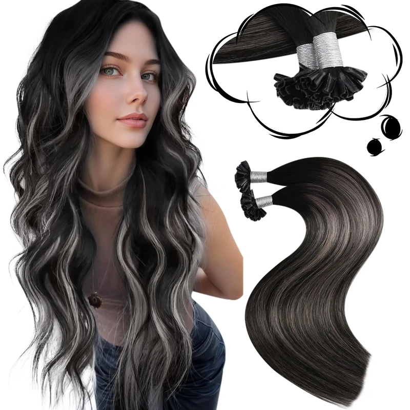Moresoo U Tip Hair Extensions Real Human Hair 20 Inch Ombre Black and Silver Pre Bonded Hair Extensions Real Hair 1g/s 50G 50S/Pack #1B/Silver/1B