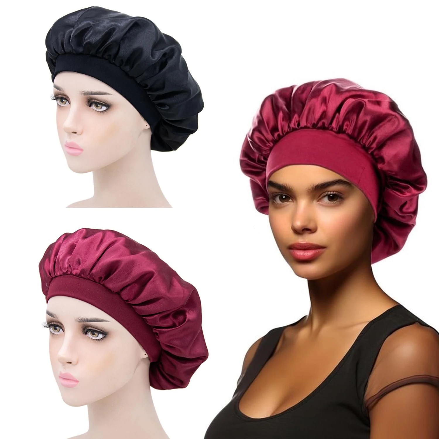 iLamvie 2 Pcs Silk Bonnet, Satin Bonnet, Soft And Comfortable Silk Sleep Cap (Black+red)
