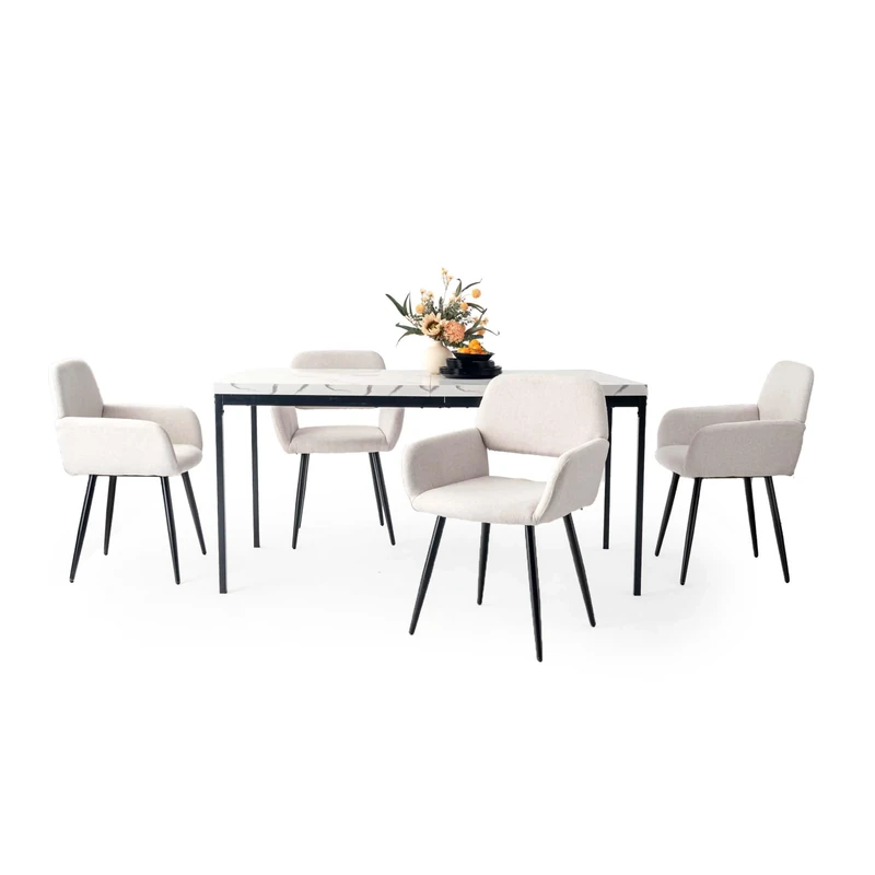 FurnitureR 5pcs Rectangular Marble White Dining Table Set,150cm Retro Kitchen Table and 4pcs Upholstered Beige Dining Chairs for Home Dining Room Kitchen Restaurant Cafe，Fabb Lumos/Wooden