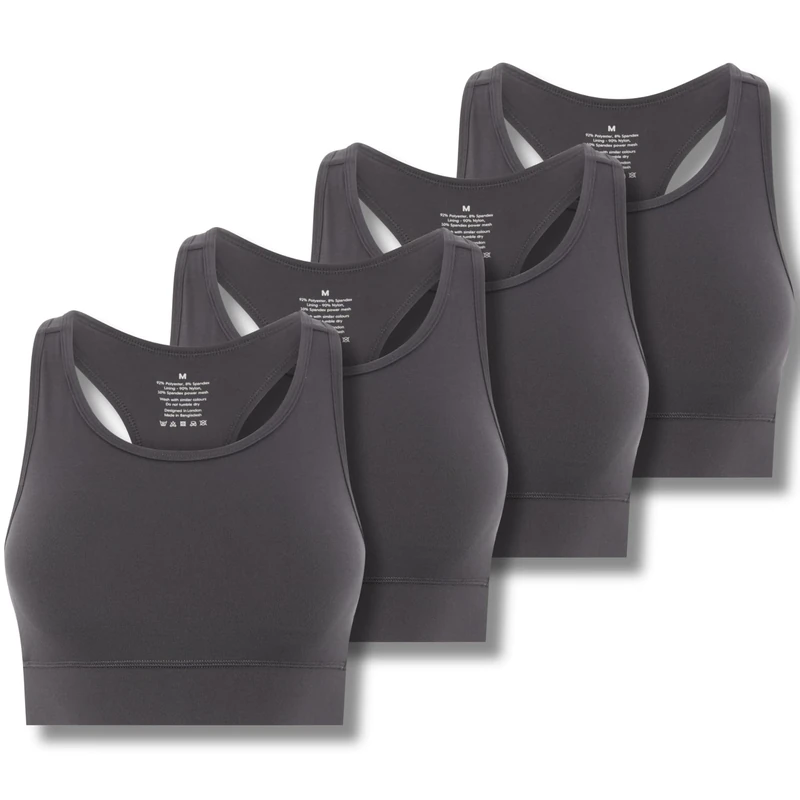 FM London 4pk Racerback Sports Bra (UK, Alpha, S, M, Regular, Regular, Charcoal)