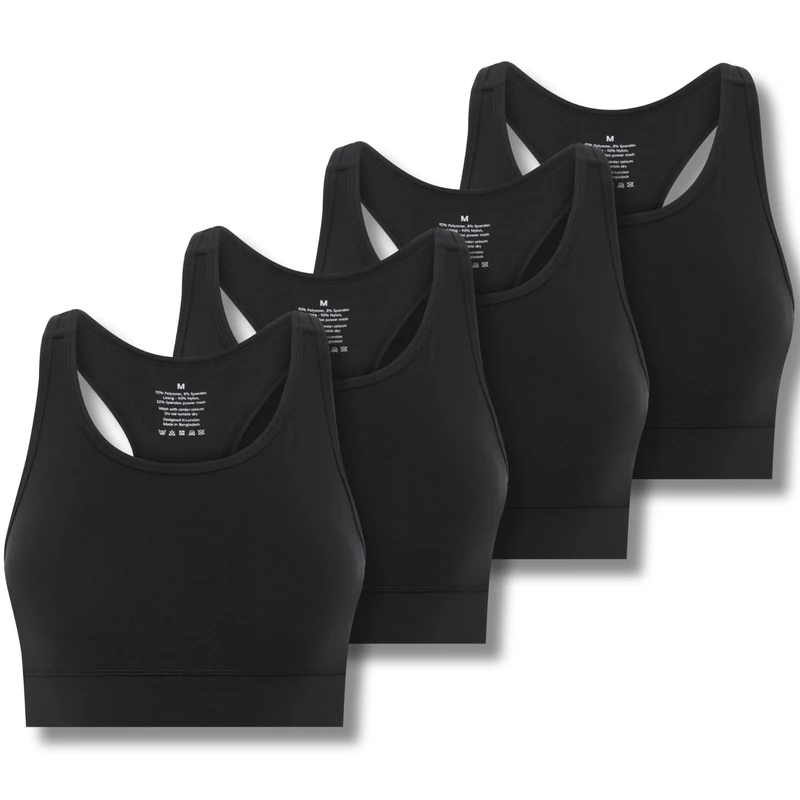 FM London 4pk Racerback Sports Bra (UK, Alpha, S, M, Regular, Regular, Black)
