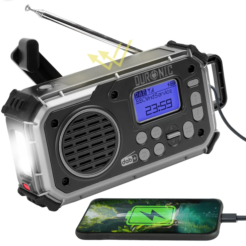 Duronic SDAB1 Portable DAB+ Radio Bluetooth DAB Radios Hand Crank Battery Solar Radio 4-Way Rechargeable Emergency Flashlight Digital FM Radios with SOS Alarm for Camping Hiking Outdoor