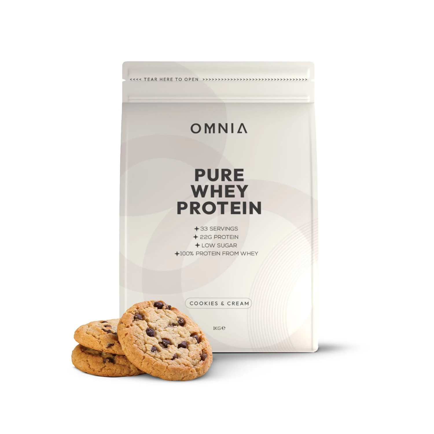 OMNIA Pure Whey Protein Powder, Nutrition Low Carbs and Low Sugar Muscle Building Powder, Over 22G Protein Per Serving - 33 Servings - 1 KG - Cookies and Cream