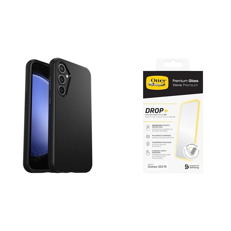 OtterBox Symmetry Case for Samsung Galaxy S23 FE, Drop proof, Protective Thin Case, 3x Tested to Military Standard, Black + Premium Glass Screen Protector for Galaxy S23 FE, No Retail Packaging