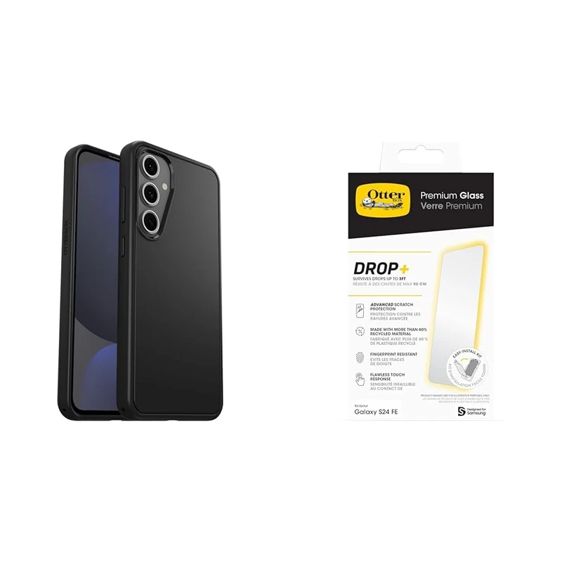 OtterBox Symmetry Case for Samsung Galaxy S24 FE, Drop proof, Protective Thin Case, 3x Tested to Military Standard, Black + Premium Glass Screen Protector for Galaxy S24 FE