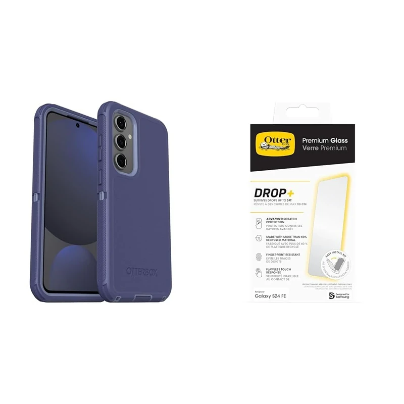 OtterBox Defender Case for Samsung Galaxy S24 FE, Ultra-Rugged, Protective Case, 7x Tested to Military Standard, Purple + Premium Glass Screen Protector for Galaxy S24 FE