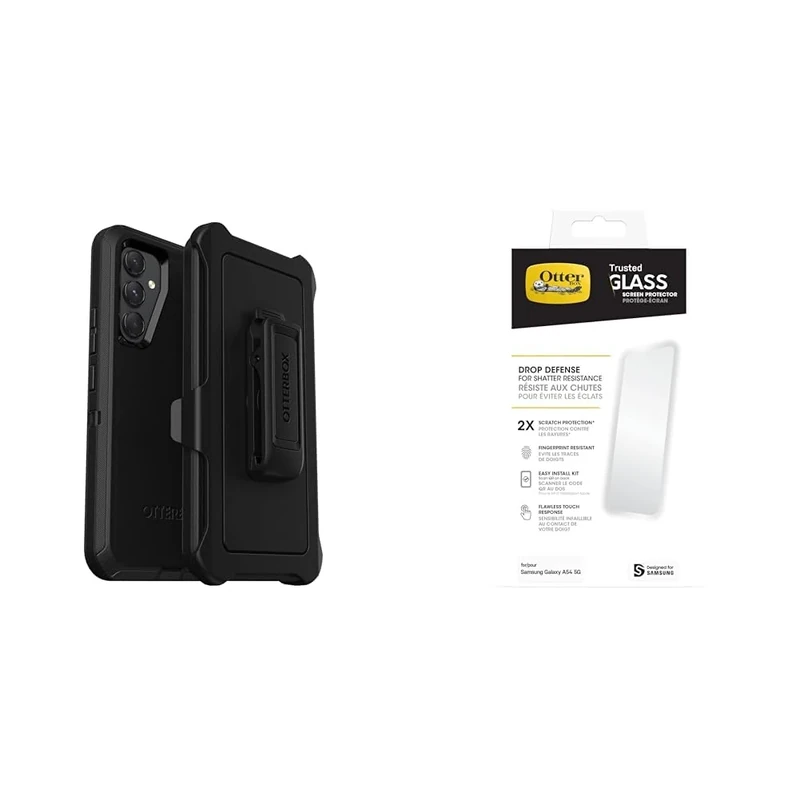OtterBox Defender Case for Samsung Galaxy A54 5G, Ultra-Rugged, Protective Case, 4x Tested to Military Standard, Black + Trusted Glass Screen Protector for Galaxy A54 5G, No Retail Packaging
