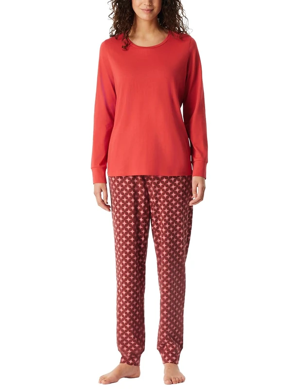 Schiesser Women's Long Pyjamas with Cuffs Cotton Nightwear Pyjama Set, Berry_181987, 16
