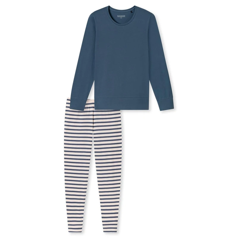 Schiesser Women's Long Pyjamas with Cuffs Cotton Nightwear Pyjama Set, Denim Blue_181746, 18