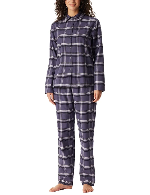 Schiesser Women's Damen Schlafanzug Lang Webflanell-Selected Premium Warming Pajama Set, Indigo_181991, 18 - Image 1