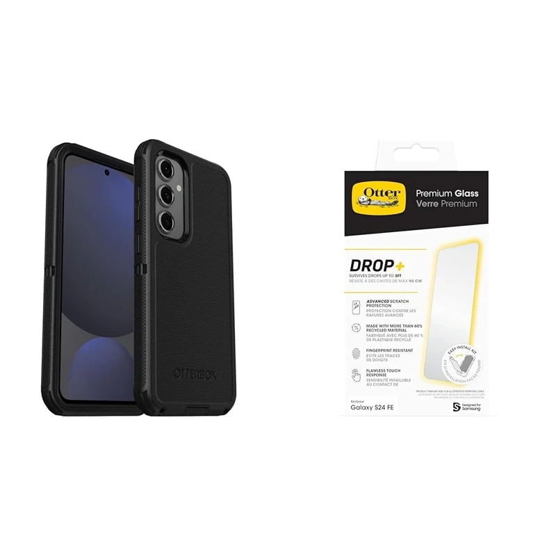 OtterBox Defender Case for Samsung Galaxy S24 FE, Ultra-Rugged, Protective Case, 7x Tested to Military Standard, Black + Premium Glass Screen Protector for Galaxy S24 FE