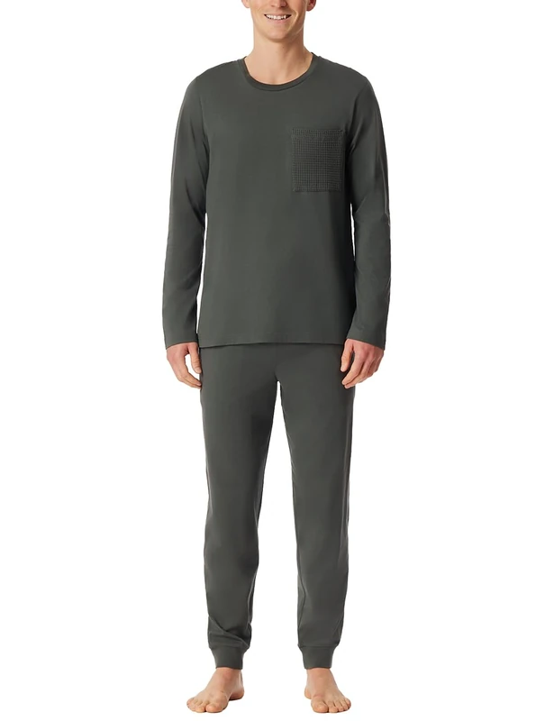 Schiesser Men's Herren Schlafanzug Lang mit Bündchen-Nightwear Set Pajama, Dark Green_183125, 42