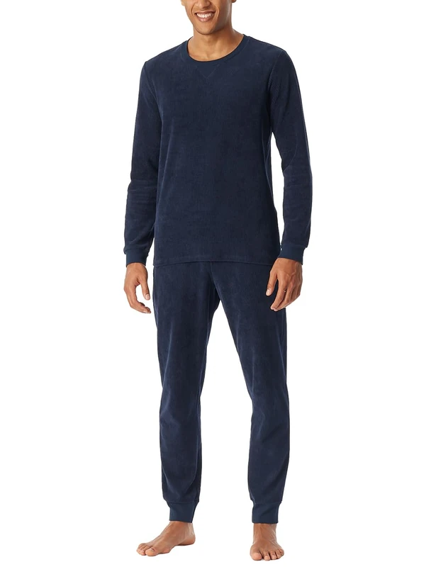Schiesser Men's Long Velour Selected Premium Warming Pyjama Set, Midnight blue_183137, 44