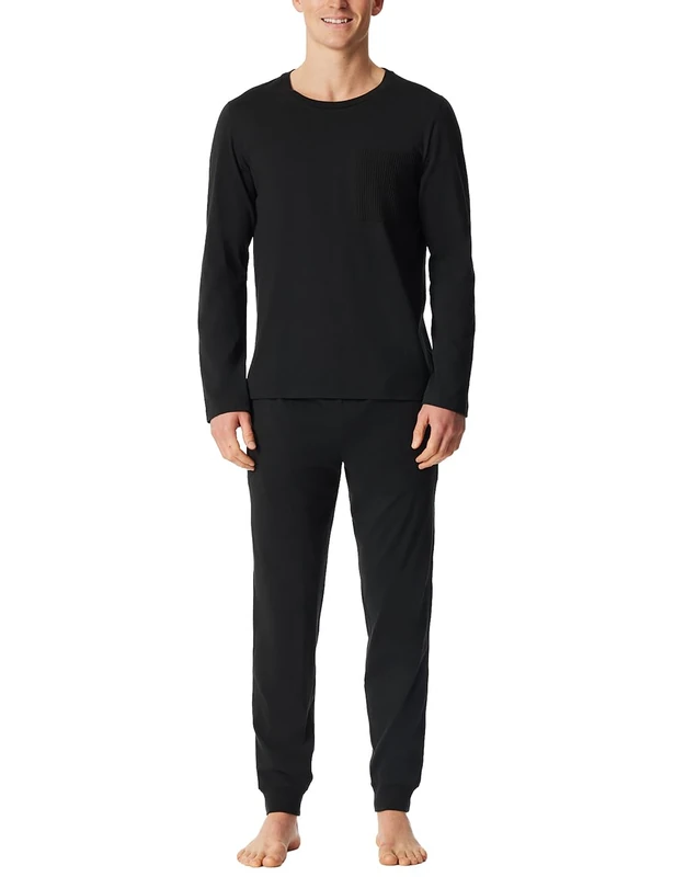 Schiesser Men's Long Pyjamas with Cuffs - Nightwear Set, Black_183125, 46