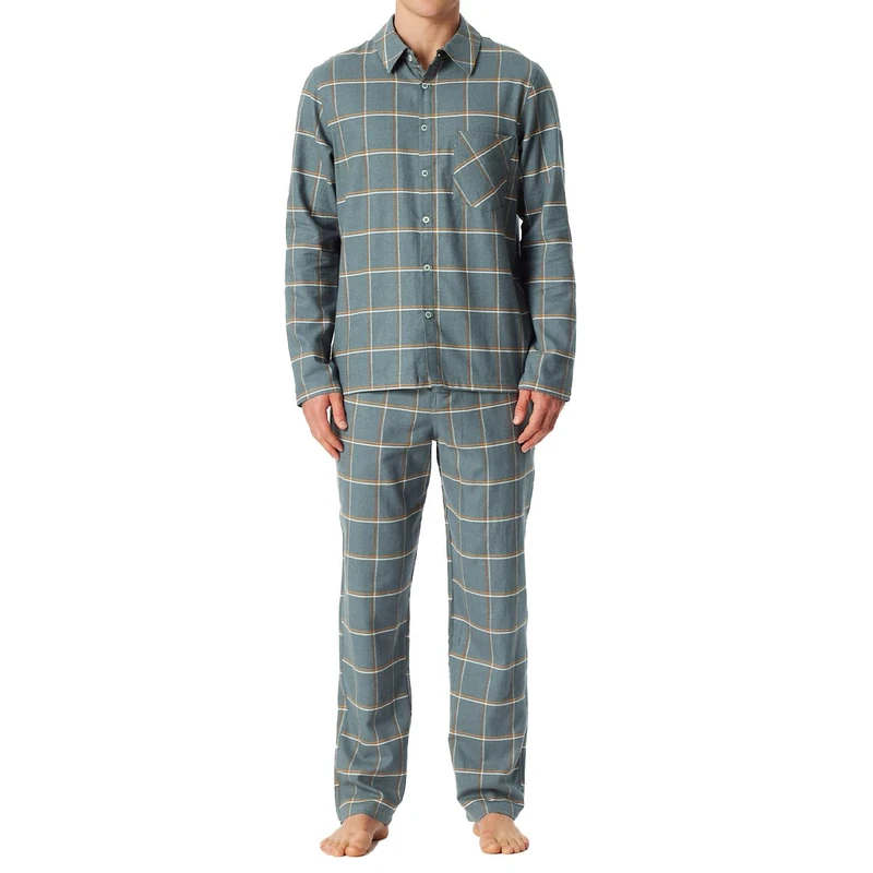 Schiesser Men's Long Pyjamas with Button Placket Flannel Nightwear Set Pyjama Set, Mineral_182029, 40