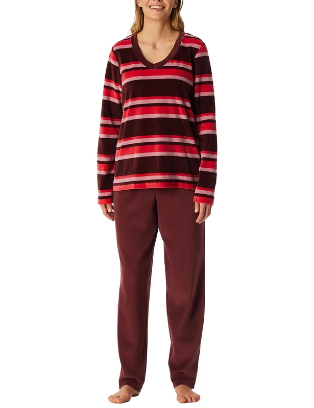Schiesser Women's Long Pyjamas without Cuffs Velour Nightwear Set Pyjama Set, Burgundy_183059, 12