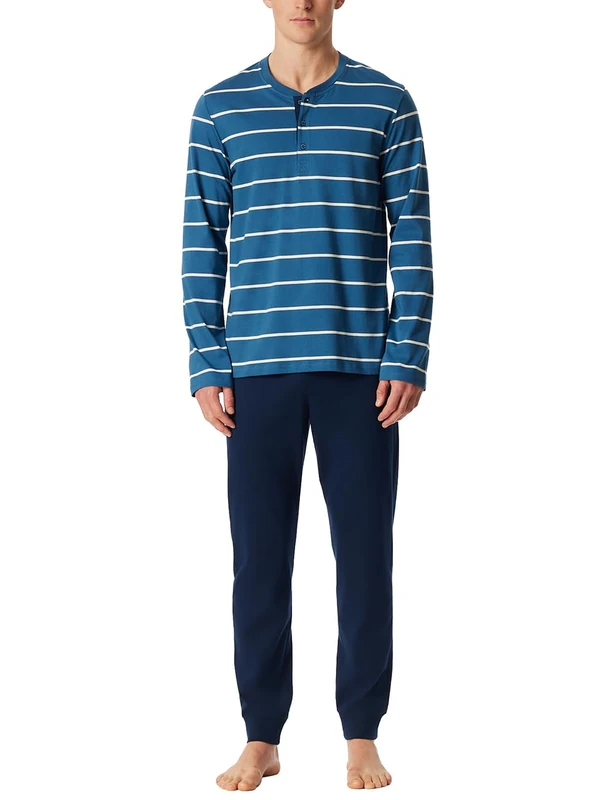 Schiesser Men's Long Pyjamas with Button Placket Nightwear Set Pyjama Set, Dark Blue_183124, 46