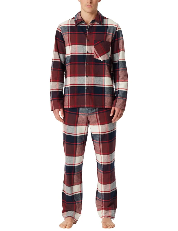 Schiesser Men's Long Pyjamas with Button Placket Flannel Nightwear Set Pyjama Set, Burgundy_182029, 40