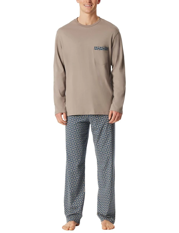 Schiesser Men's Long Nightwear Set Pyjama Set, Brown-Grey 180262, 60, Brown_180262, 50