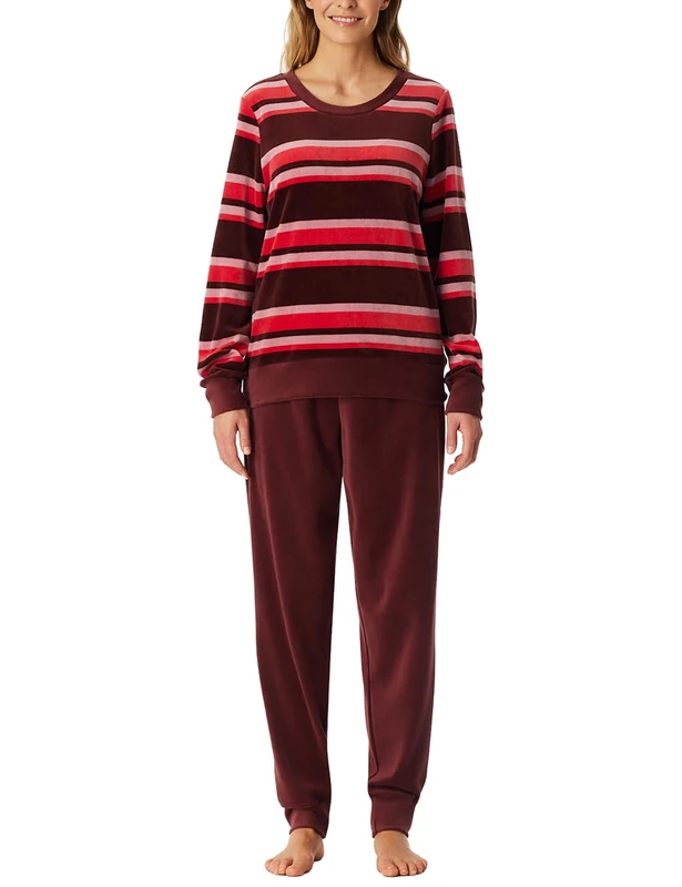 Schiesser Women's Pyjamas Long with Cuffs Velour Nightwear Set Pyjama Set, Burgundy_183060, 12