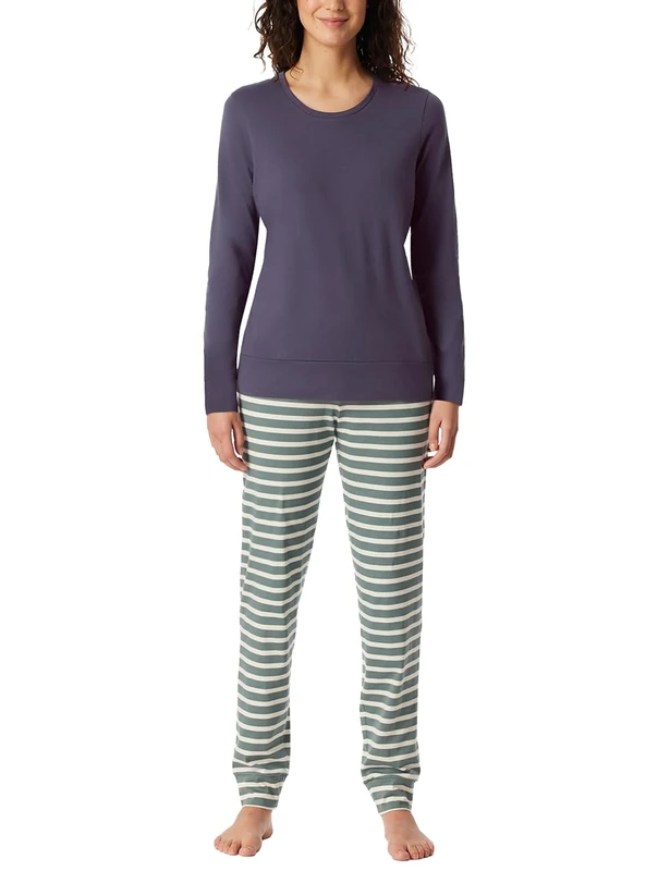 Schiesser Women's Long Pyjamas with Cuffs Cotton Nightwear Pyjama Set, Indigo_181746, 16