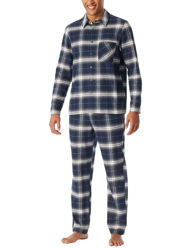 Schiesser Men's Herren Schlafanzug Lang mit Knopfleiste Flanell-Nightwear Set Pajama, Midnight Blue_182029, 38