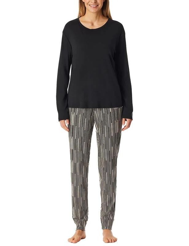 Schiesser Women's Pyjamas Long Loungewear Modal Nightwear Set Pyjama Set, Black_183066, 14