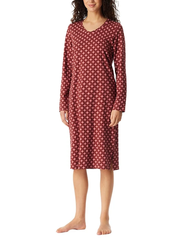 Schiesser Women's Long Sleeve Soft Cotton Big Shirt with Pockets Nightwear Nightdress, Burgundy_181985, 12