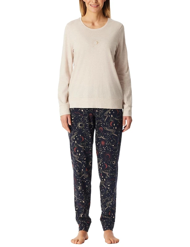 Schiesser Women's Long Pyjamas with Cuffs Cotton Nightwear, Beige-mel._183199, 46 Große Größen