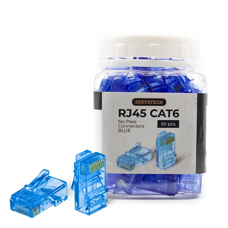 Spetstech RJ45 Connectors 50-Pack Cat 6 non-Through (Cat 6 Ends / Cat6 Plugs / RJ45 Modular Plugs/Ethernet Connectors) for Solid or Stranded UTP Ethernet Cables. (50, Blue)