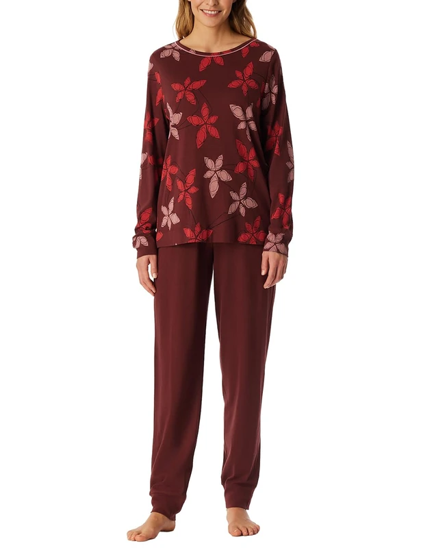 Schiesser Women's Long Cotton Modal Nightwear Pyjama Set, Burgundy_182019, 12