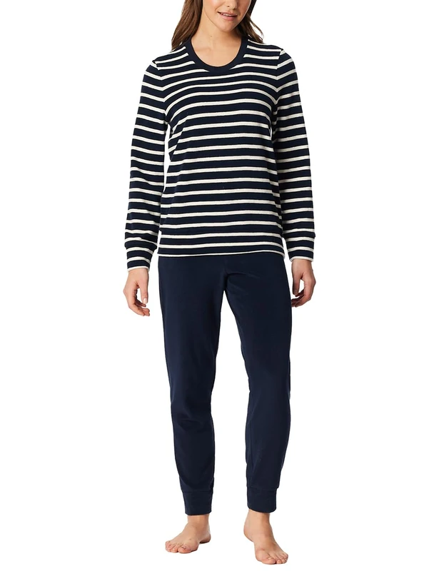 Schiesser Women's Long Terry Cloth Pyjamas Warm Cosy Feel-Good Nightwear Pyjama Set, Midnight blue_181968, 10