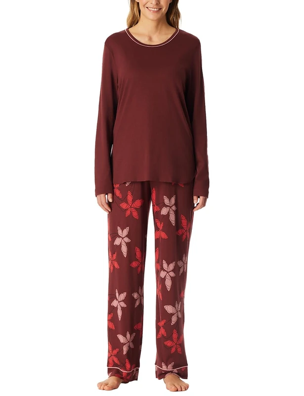Schiesser Ladies Long Cotton Modal Nightwear Pyjama Set, Burgundy_181237, 36, Burgundy_181237, 10