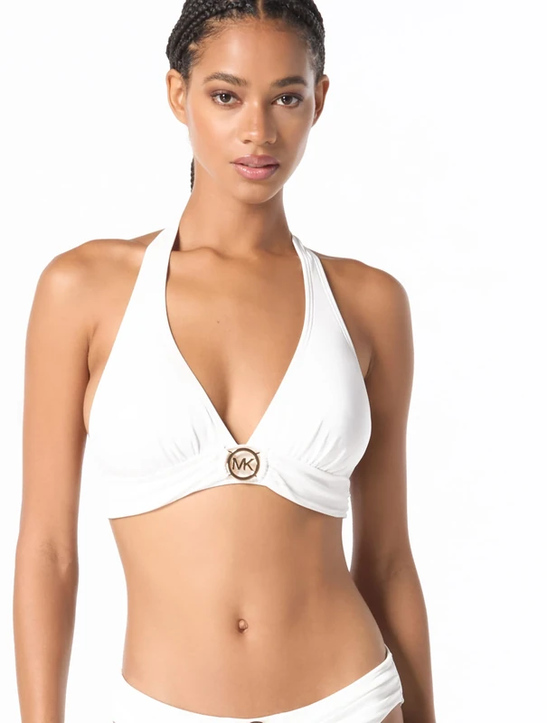 Michael Kors Women's Solid Logo Ring Halter Top Bikini - White, Size M