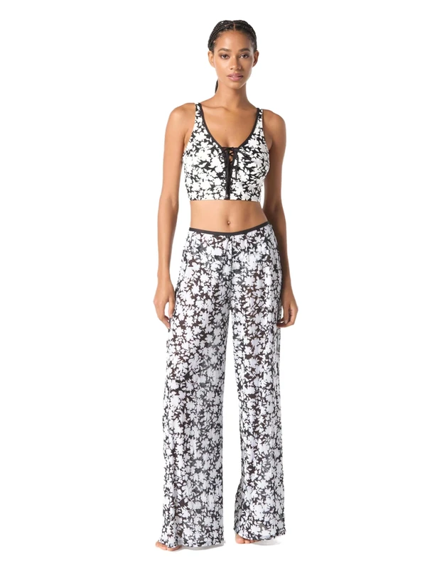 Michael Kors Women's Monotone Floral Mesh Pull on Pant Swimwear Cover Up, White, XS