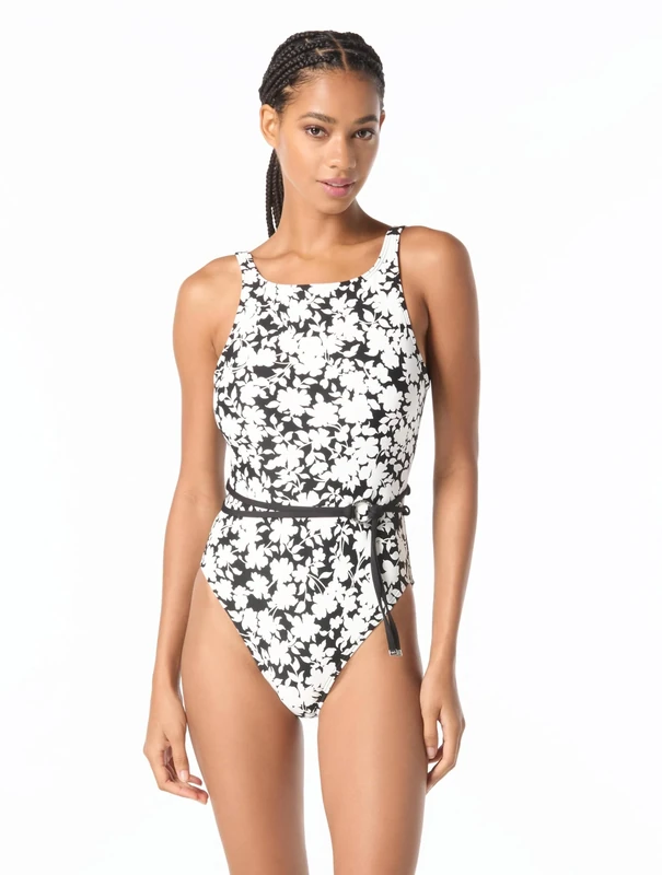 Michael Kors Women's Floral Highneck Belted One Piece, White, 14