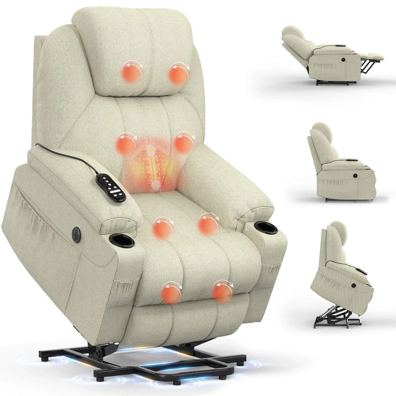 BareTay Recliner Armchair Lift Chair For the Elderly, Power Recliner Chair with Massage & Heat, Extended Footrest, Type C+USB Ports, 2 Cup Holders, Dual Side Pockets Reclining Chairs Lounge Sofa
