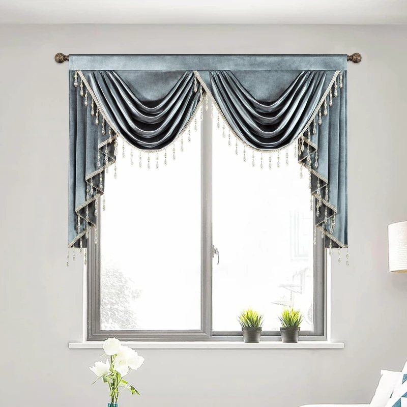 VOGOL Super Soft Velvet Waterfall Valance, Retro Light-Filtering Swag Curtains for Living Room, 1 Panel Rod Pocket Window Treatment with Tassels, 59 Inches Wide, Grey
