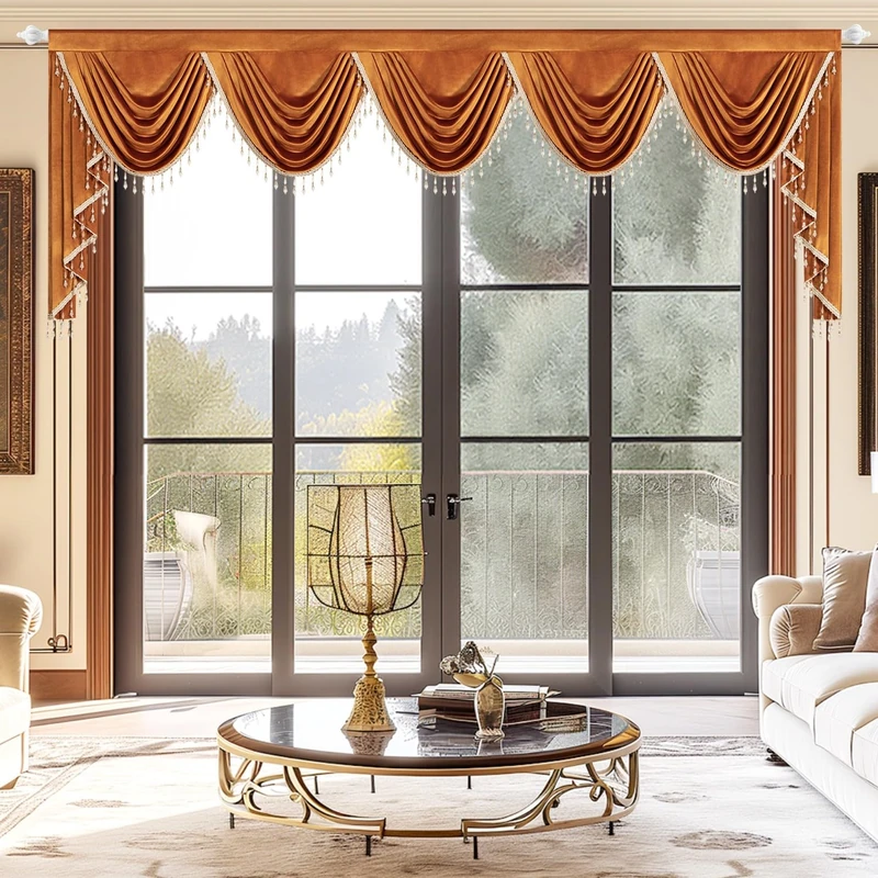 VOGOL Orange Velvet Waterfall Valance, Rod Pocket, 138 x 43, 1 Panel