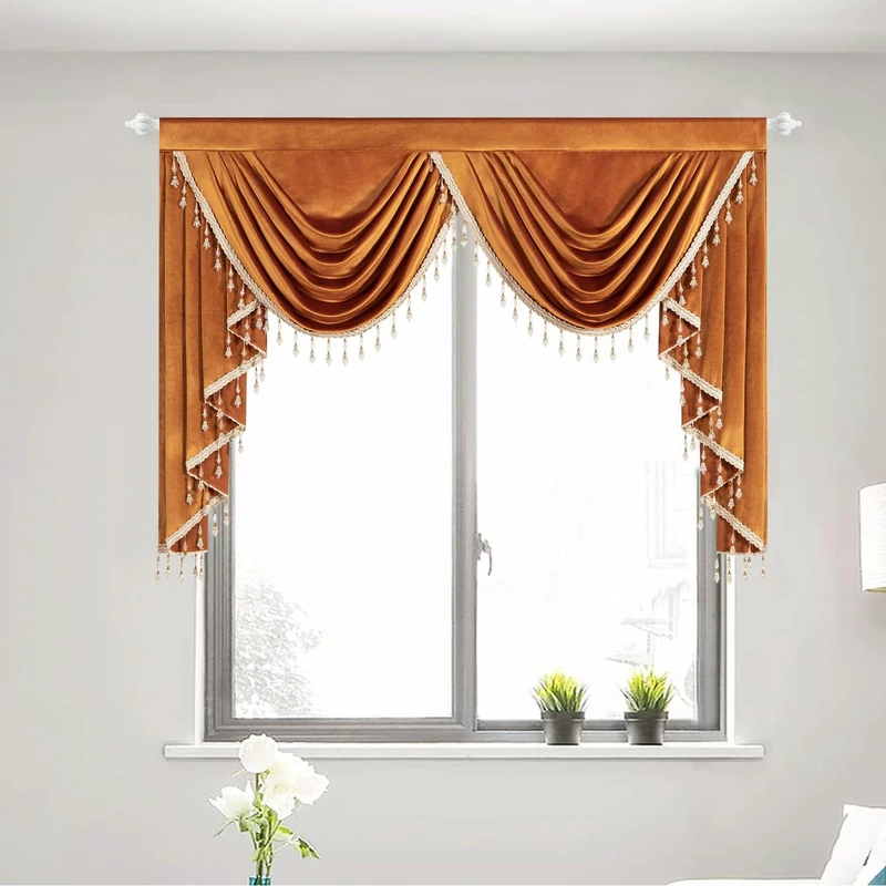 VOGOL Orange Velvet Waterfall Valance, Rod Pocket, 59 x 43, 1 Panel