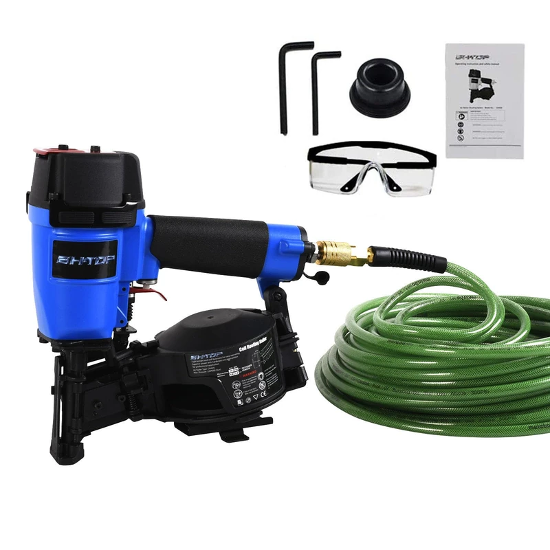 BHTOP CN45N Roofing Nailer with 100Ft Air Hose, 15 Degree Roofing Nail Gun, 3/4-Inch to 1-3/4-Inch Coil Nails, 120-pcs Load Capacity Coil Nailer in Blue