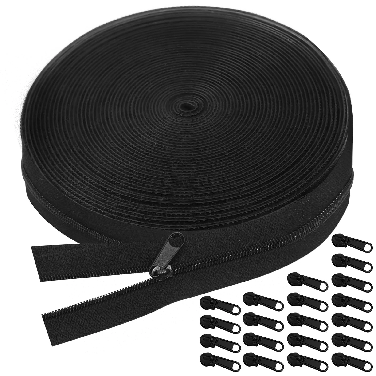 Nadinsta 21 Yards Zippers for Sewing, #3 Bulk Zipper, Replacement Black Continuous Zip with 20pcs Sliders, Nylon Coil Sewing Zipper for Jackets, Sewing Assorted Sizes, Pillows, Bags