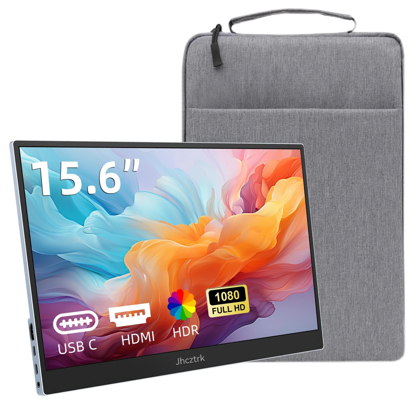 Jhcztrk 15.6 Inch Portable Monitor, Slim HD 1920×1080P Metal Bezel, 100% sRGB, USB C External Monitors for Laptop PC Mobile Mac Xbox PS5/PS4 Switch with Stand and Bag